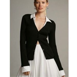 Maeve Anthropologie Black Ribbed
Cardigan With Mock White Collar & Cuffs NWT XS